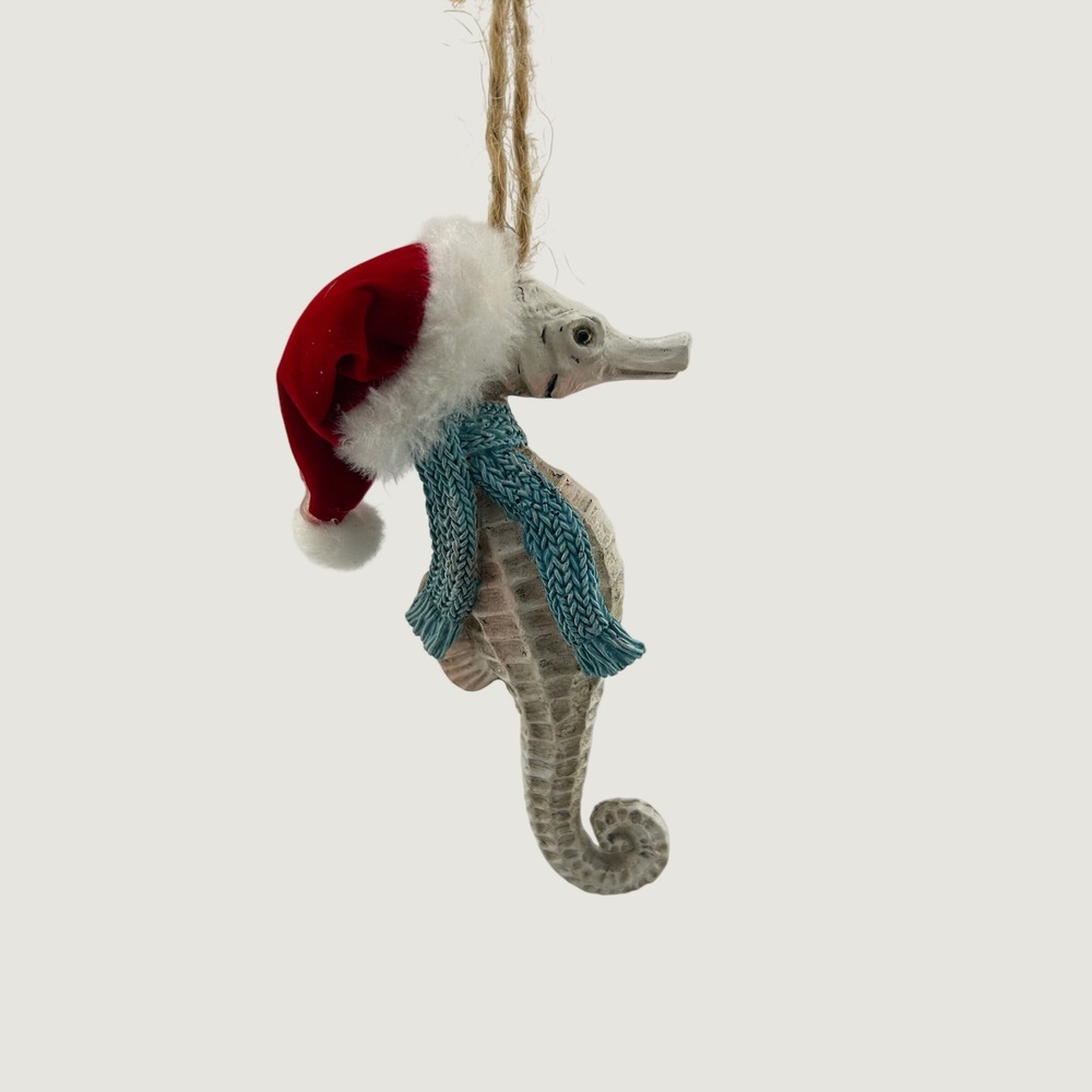White Seahorse Santa Hat Scarf Coastal Christmas Ornament Beachy Holiday